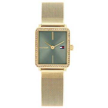 Γυναικείο ρολόι Tommy Hilfiger 1782791 σε τετράγωνο σχήμα, χρυσό μπρασελέ ψάθα από ανοξείδωτο ατσάλι και πράσινο χακί καντράν διαστάσεων 21Χ21mm διακοσμημένο με ζιργκόν